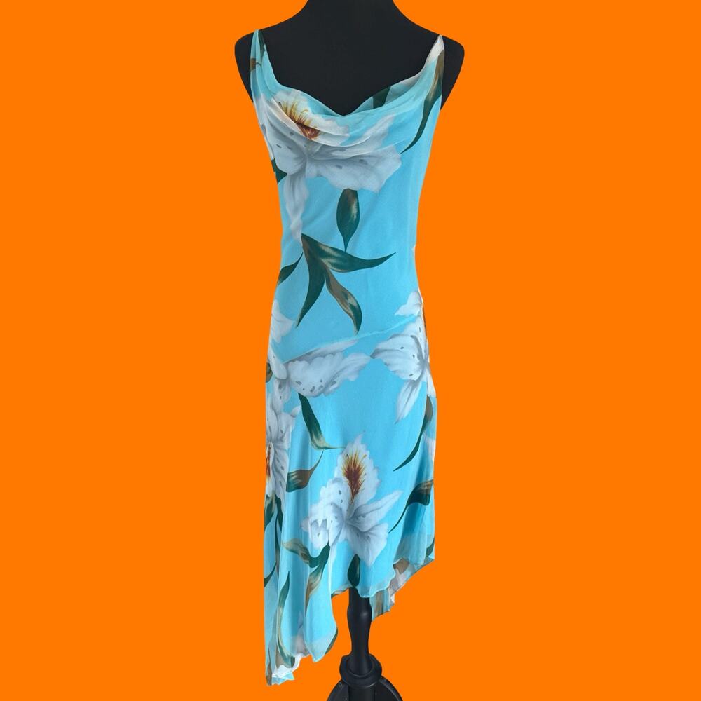 00's vintage floral 100% silk cowl neck asymmetrical y2k dress Size 6